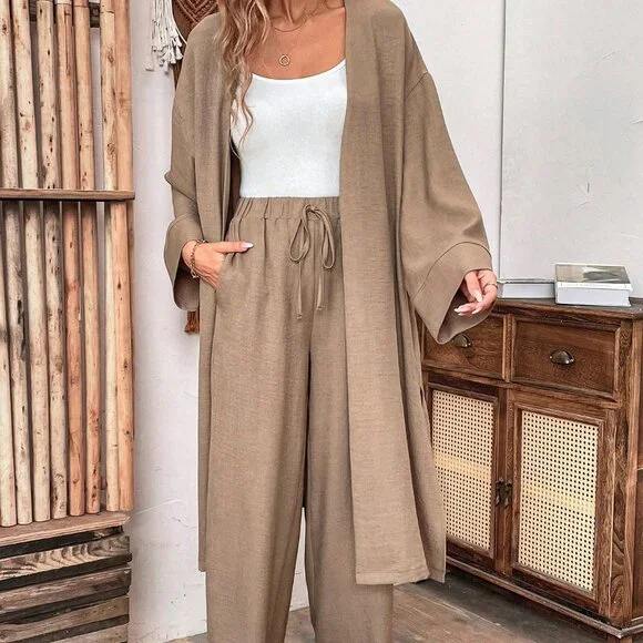 Khaki Casual Women's Loose Long Coat And Wide Leg Pants Set